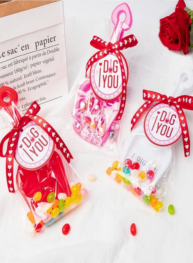 Haooryx Valentine's Day Shovels Toy Gift Set - Plastic Shovel Toy White Red Pink Mini Sand Scoop Shovel Toys Valentines Party Gift 18Set Shovels I Dig You Stickers Labels Clear Bags and 1 Heart Ribbon - Image 4